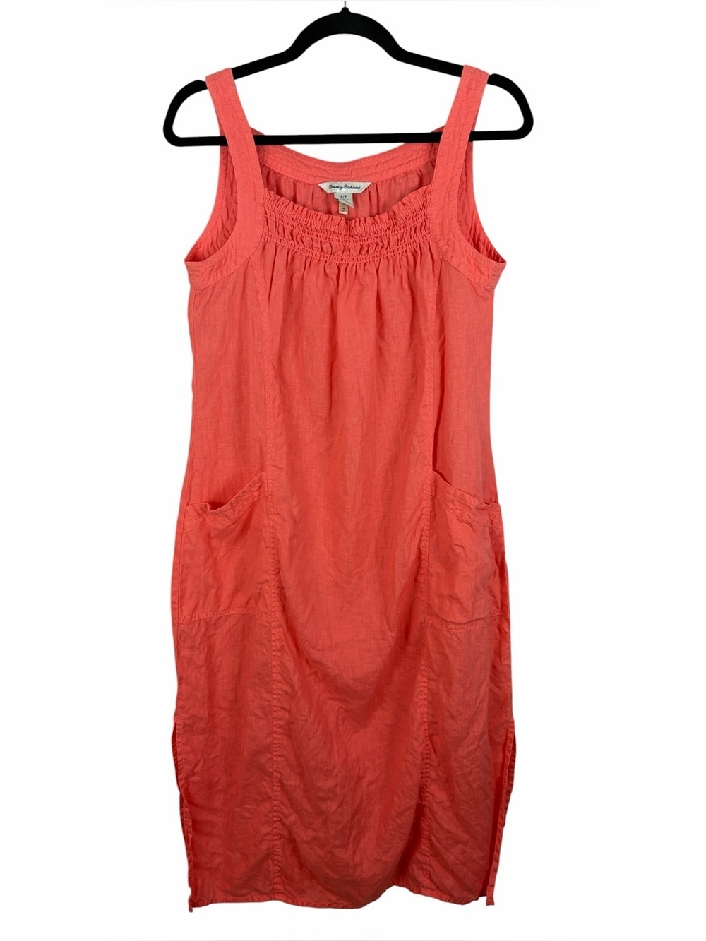 Tommy Bahama Coral Linen Sleeveless Dress Size Small Tropical Resort Midi Dress